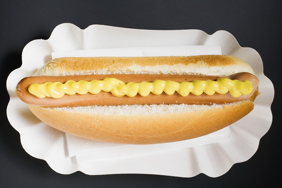 Hot dog with mustard in paper dish