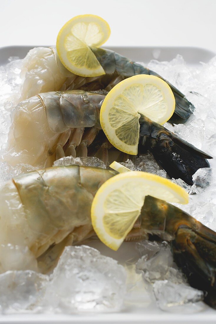 Fresh king prawns with lemon slices on ice