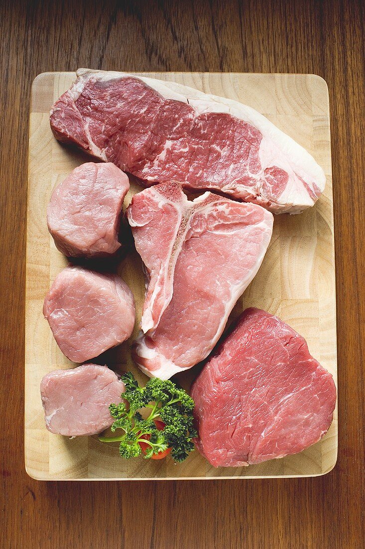 Various types of beef steak and pork fillets