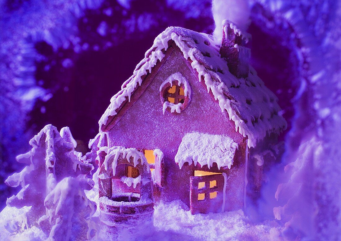 Gingerbread house in purple light