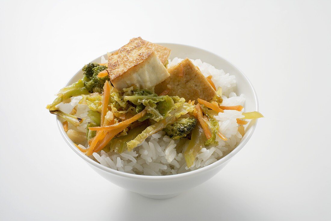 Tofu with stir-fried vegetables on rice
