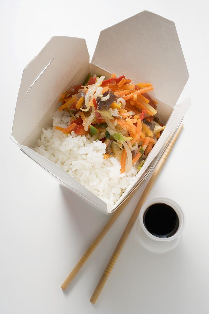 Rice with Asian vegetables to take away,  soy sauce