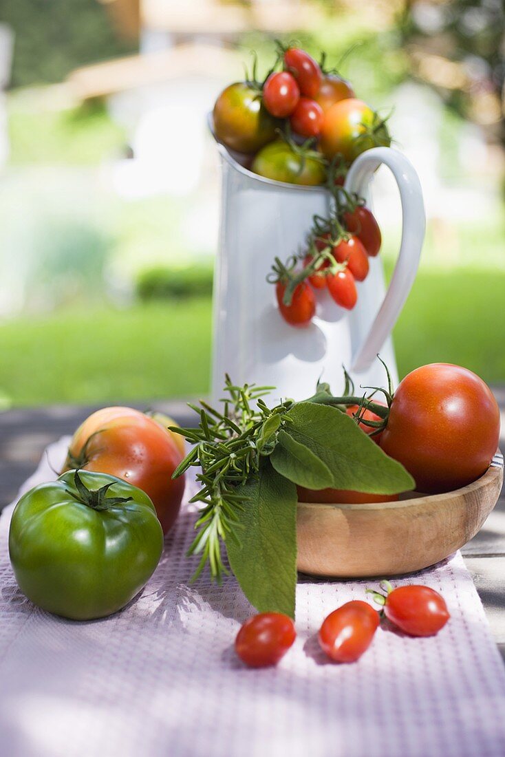 Verschiedene Tomaten auf Tisch im Freien