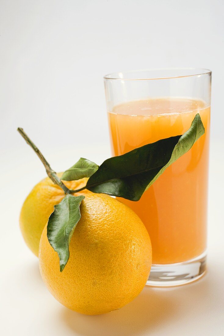 Glas Orangensaft und zwei Orangen mit Blättern