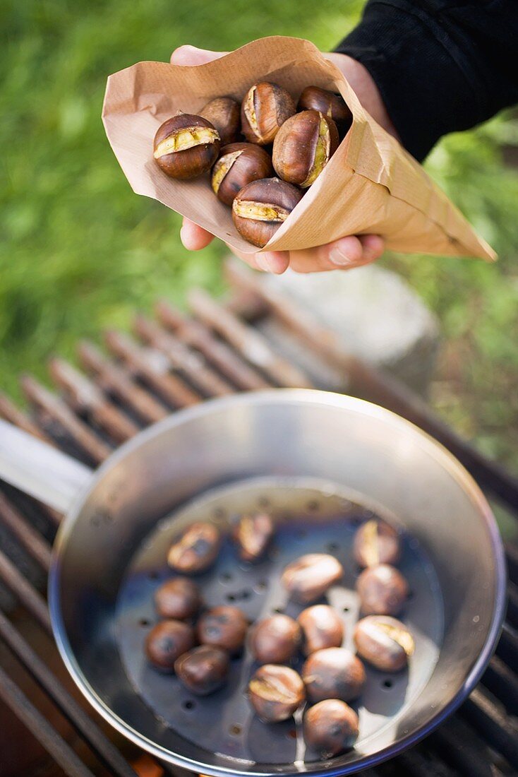 Hand holding roasted chestnuts in paper bag