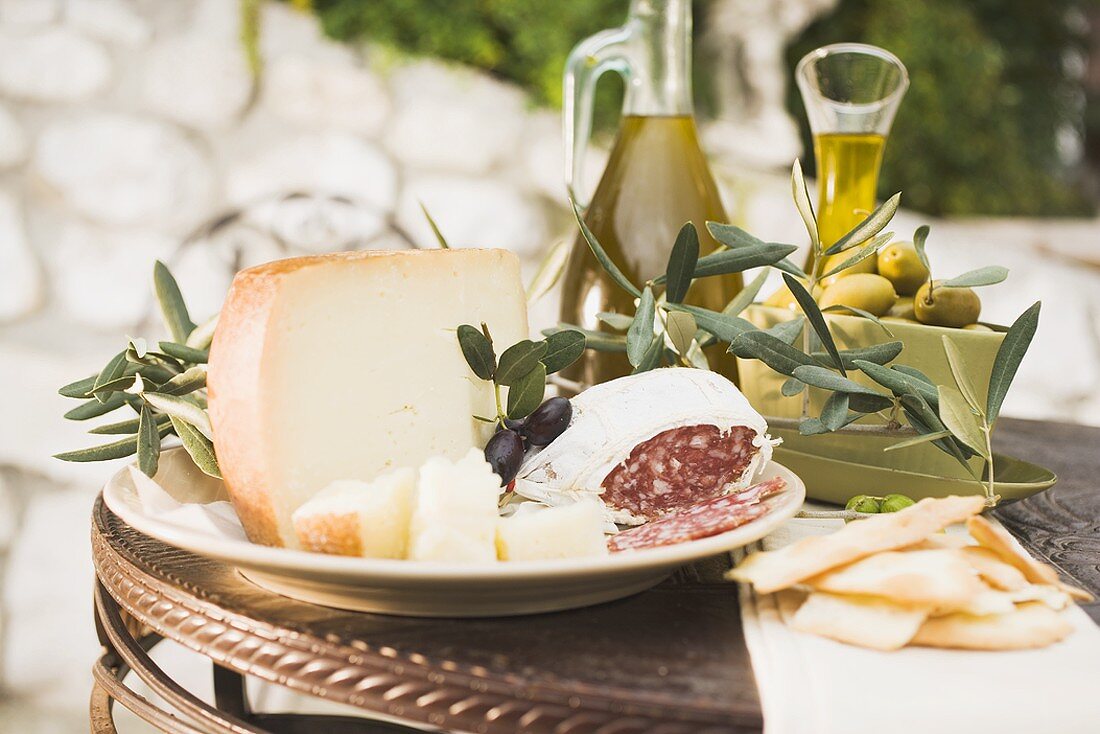 Käse, Salami, Oliven, Olivenöl, Cracker auf Tisch im Freien