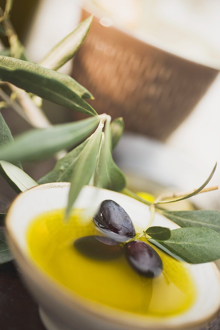 Olivenöl im Schälchen mit schwarzen Oliven