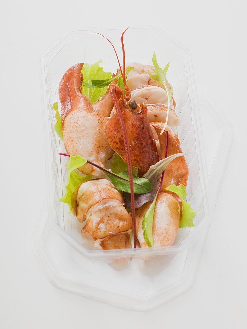 Cooked lobster in plastic container to take away