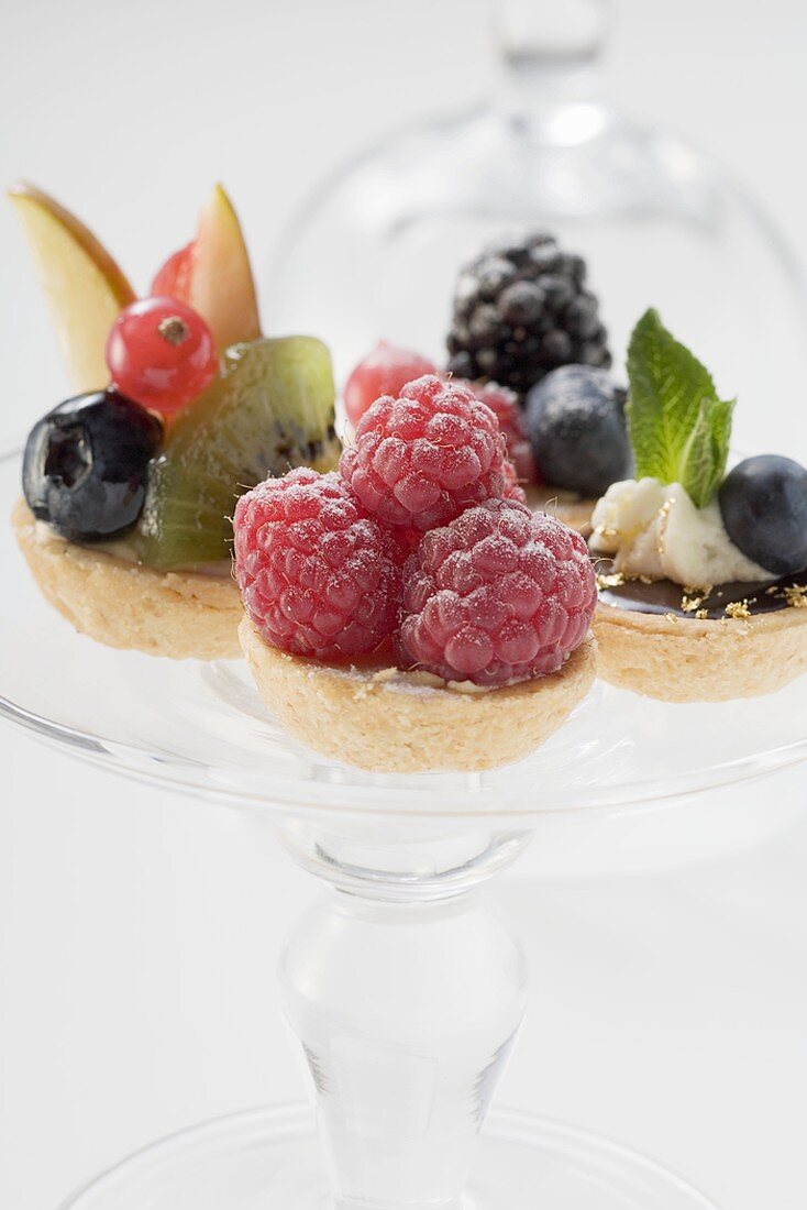 Assorted fruit tarts on cake stand