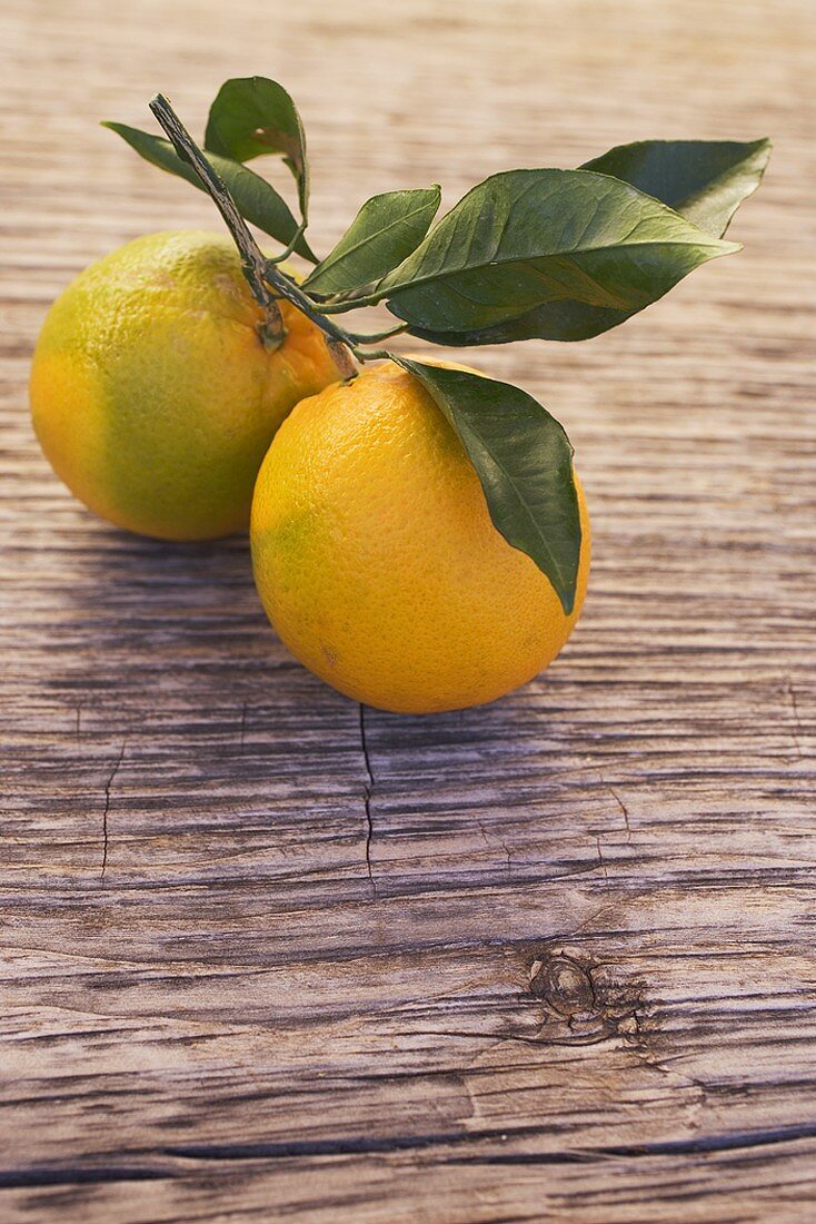 Zwei Orangen mit Blättern auf Holzuntergrund