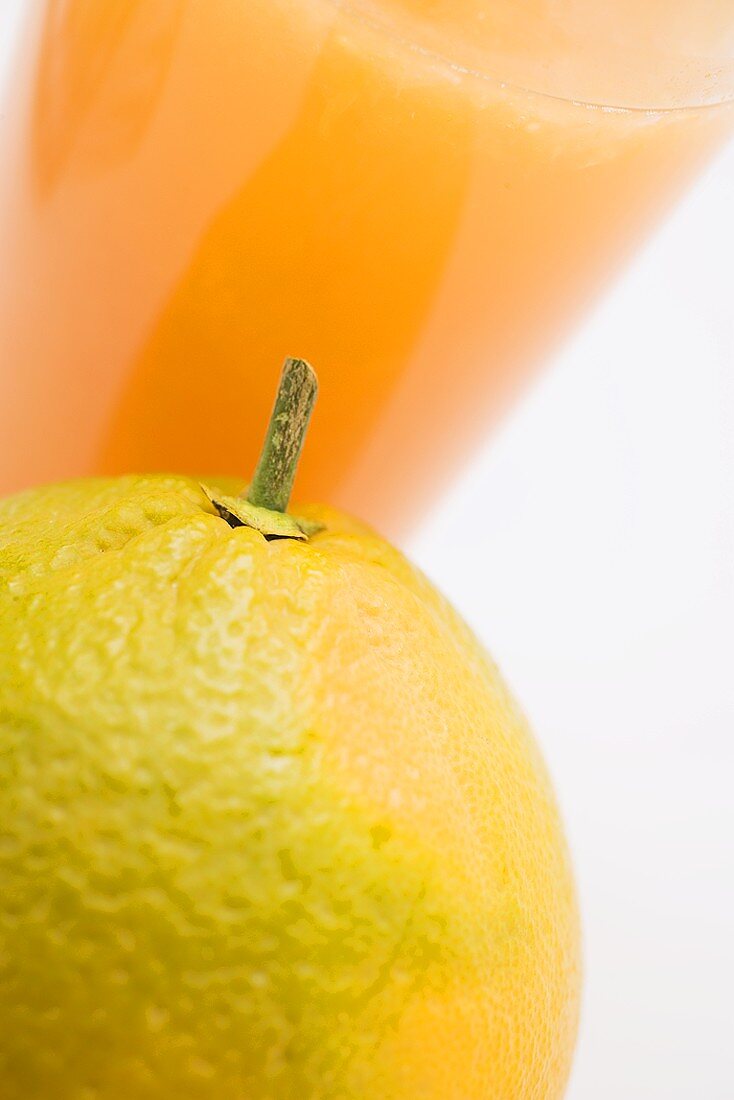 Glas Orangensaft und Orange (Ausschnitt)