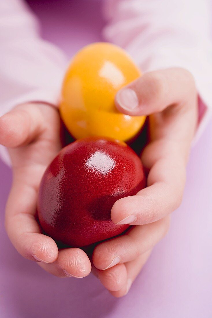 Child's hands holding two Easter eggs