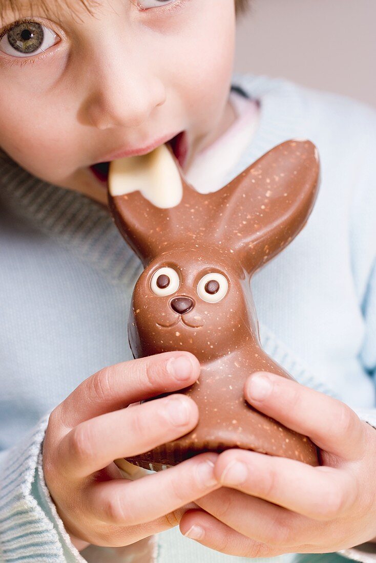 Child biting into chocolate Easter Bunny