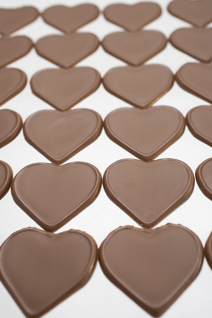 Chocolate hearts in rows