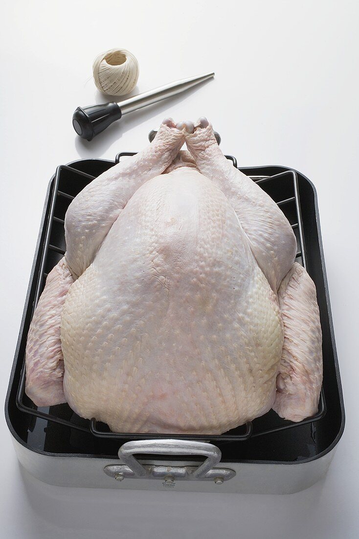 Whole raw turkey in roasting tin, baster, kitchen string