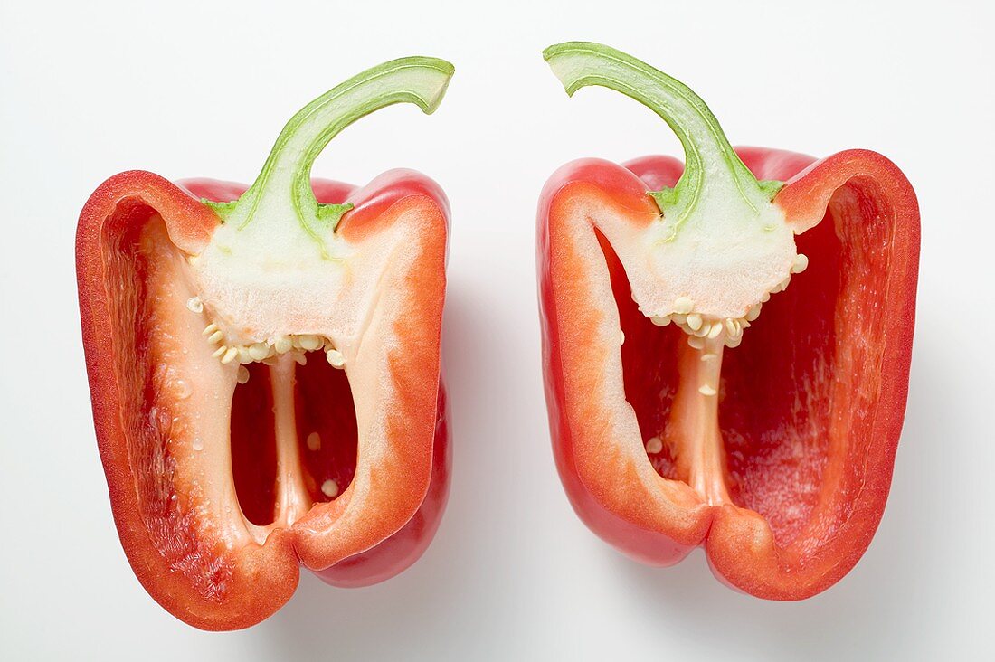 Two red pepper halves (overhead view)