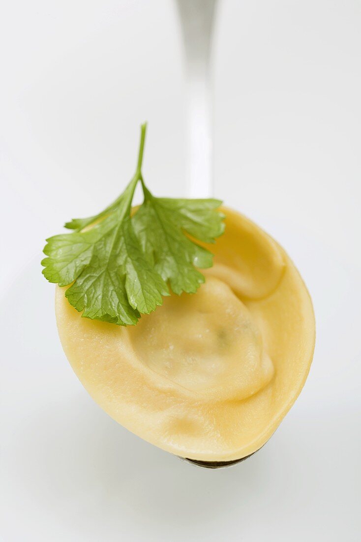 Tortellino with parsley on spoon