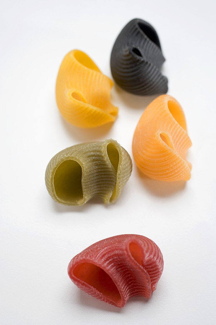 Coloured lumaconi (pasta shells) from above