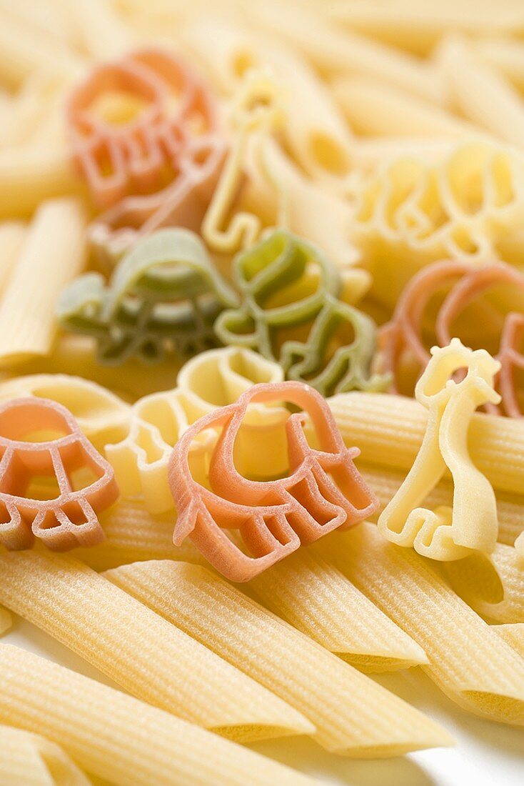 Coloured animal-shaped pasta and penne