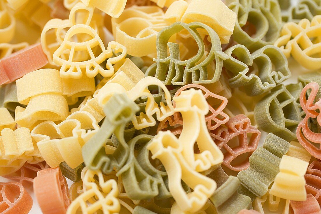 Coloured animal-shaped pasta (full-frame)