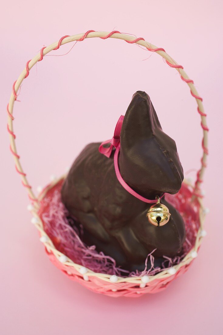 Chocolate Easter Bunny with bow & small bell in Easter basket