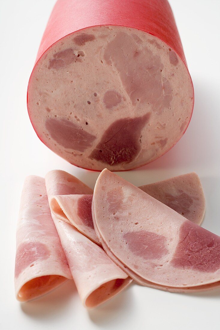 Schinkenwurst (ham sausage) with slices cut