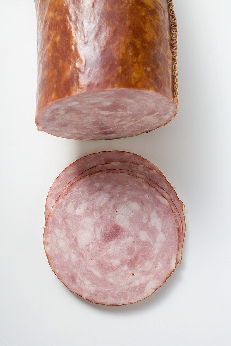 Krakauer (Krakow-style ham sausage) with slices cut