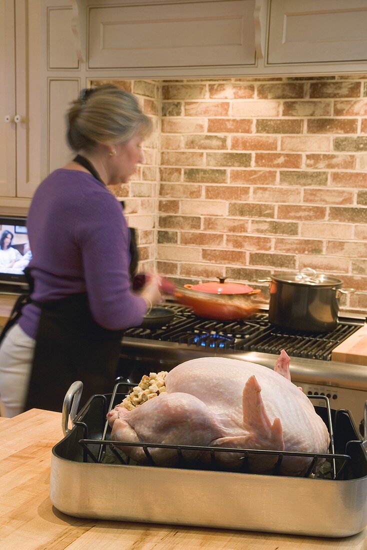 Woman at stove cooking accompaniments for Thanksgiving meal (USA)