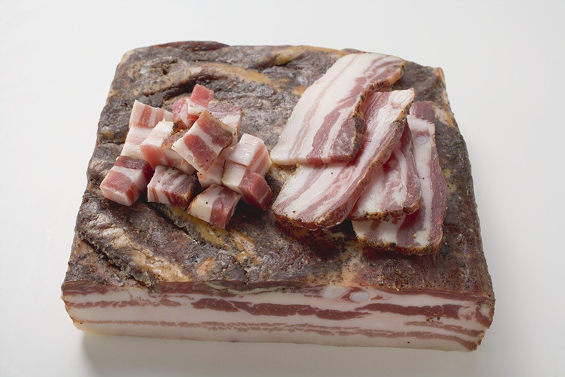 Piece of bacon, diced bacon and slices of bacon