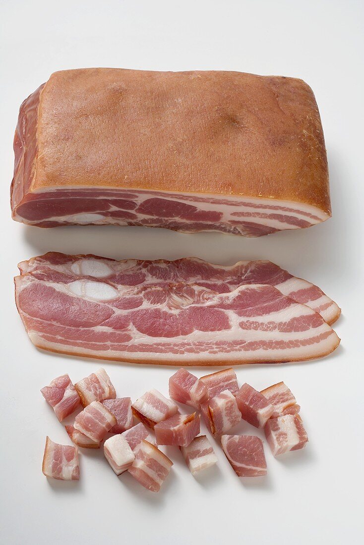 Piece of bacon, slices of bacon and diced bacon
