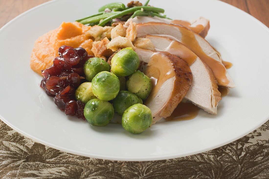 Turkey breast, Brussels sprouts, cranberries, mashed sweet potato