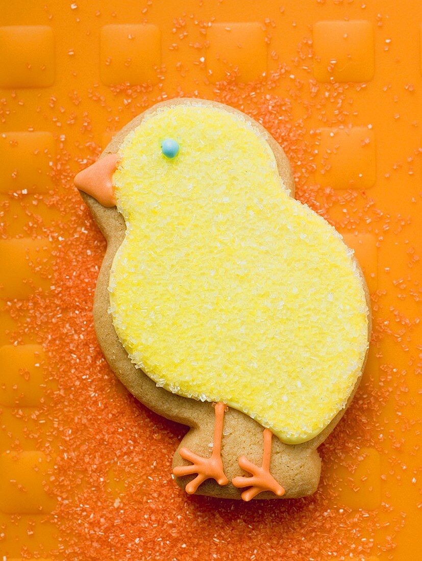 Easter biscuit (yellow chick) on orange background