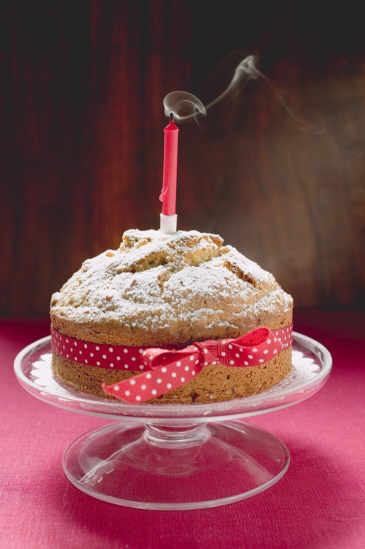 Birthday cake with red bow and blown-out candle