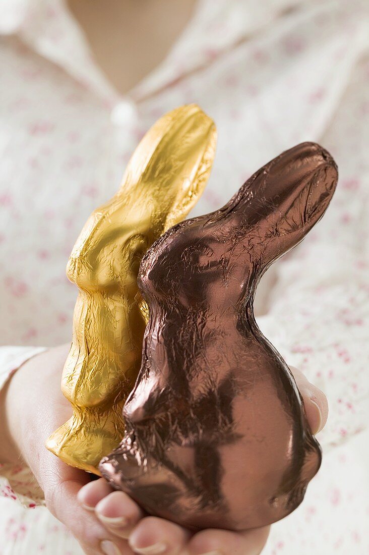 Hands holding two Easter Bunnies in foil