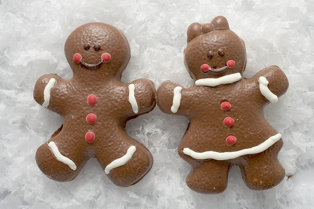 Two Christmassy chocolate-coated gingerbread people in the snow