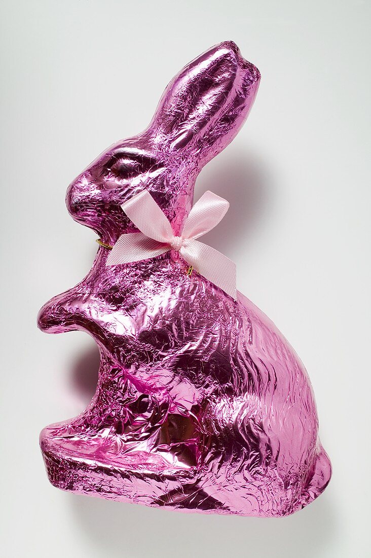 Chocolate bunny in pink foil