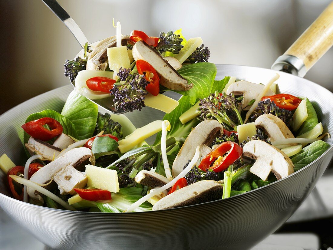 Vegetables and mushrooms in wok