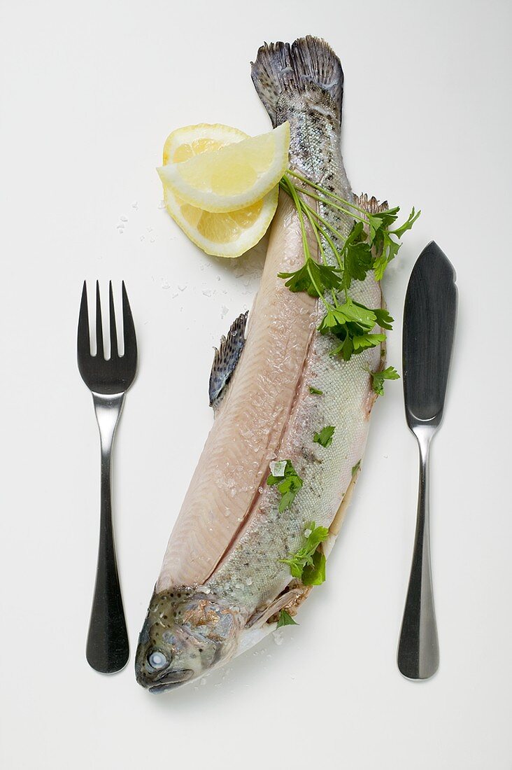 Trout with parsley, lemon wedges, salt & fish knife & fork
