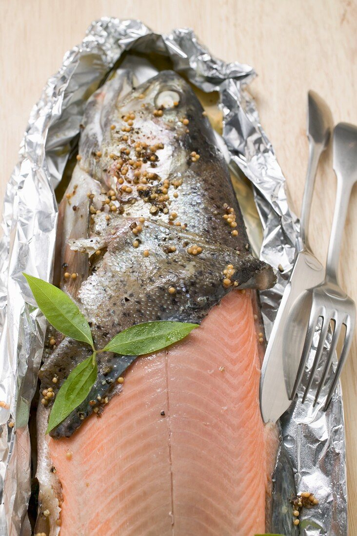 Salmon trout in aluminium foil (detail)