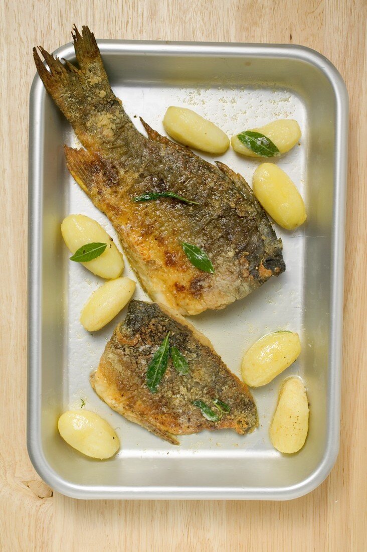 Roasted carp with potatoes in roasting tin