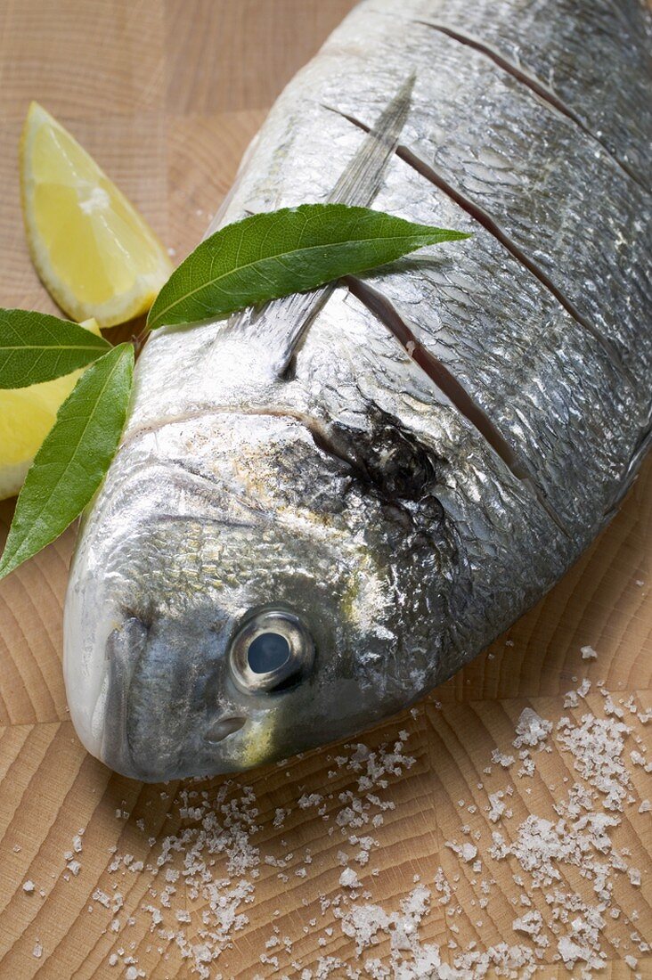 Gilthead bream with salt, bay leaves and lemon wedges