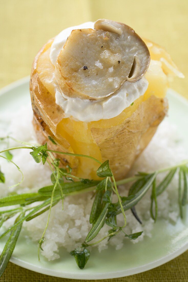 Baked potato with cep, sour cream and herbs