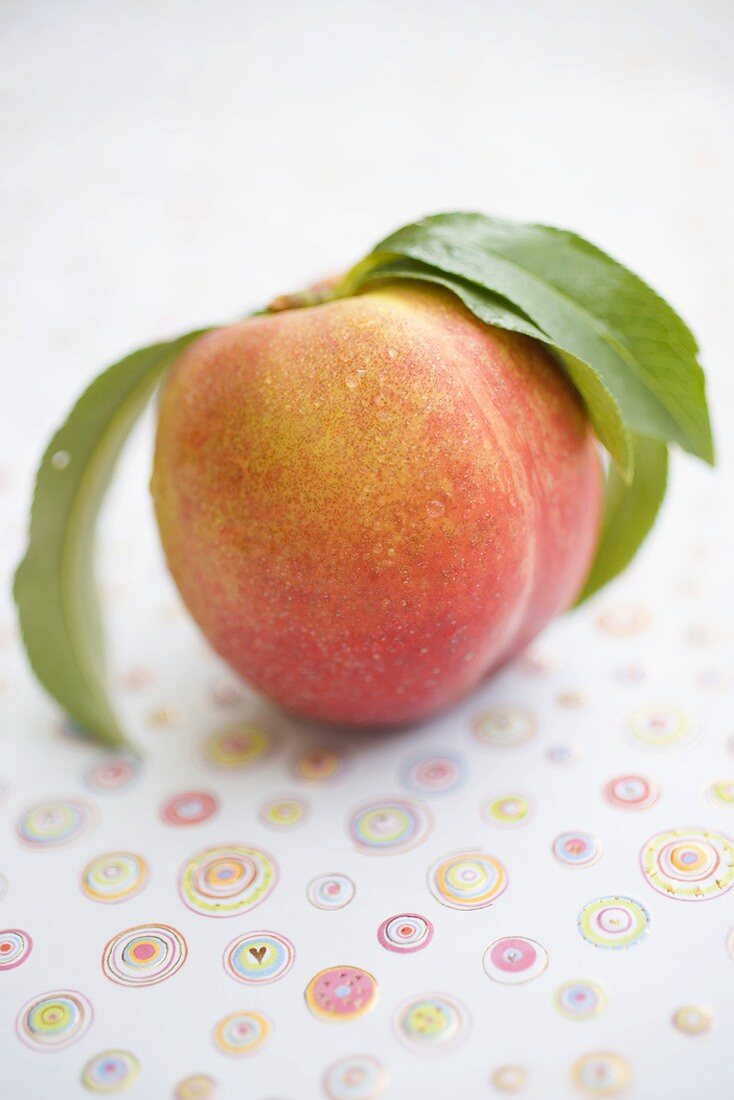 Nectarine with leaves and drops of water