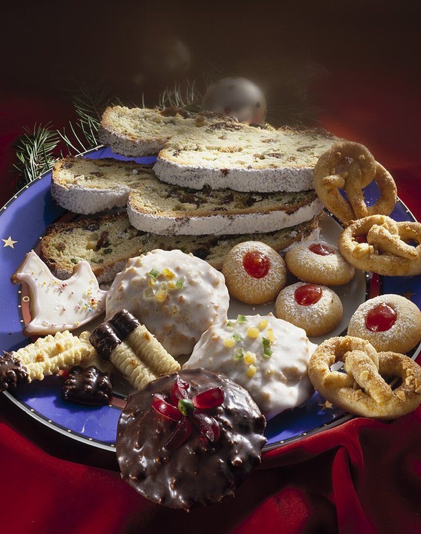 Plate of Christmas biscuits and stollen