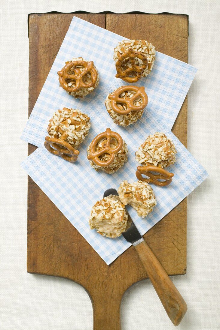 Balls of Obatzda (Camembert spread) with pretzels on board