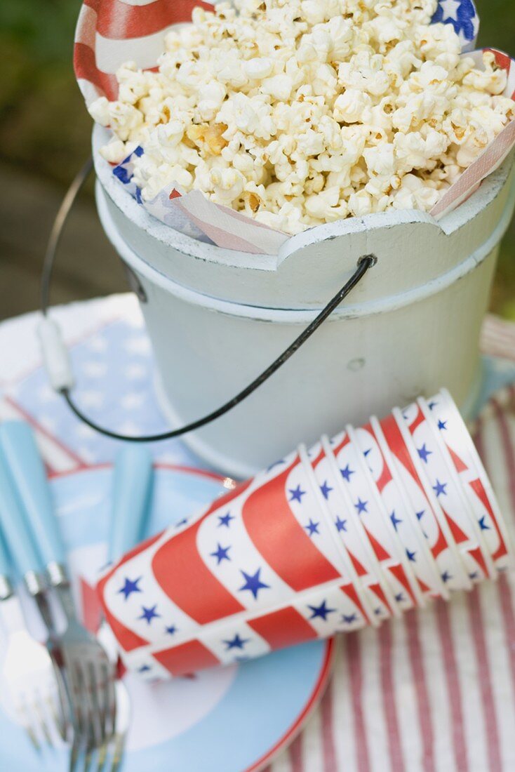 Popcorn in a wooden bucket for the 4th of July (USA)