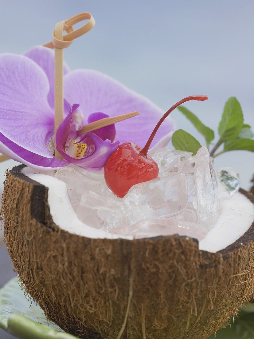 Half a coconut with ice cubes, cocktail cherry and orchid
