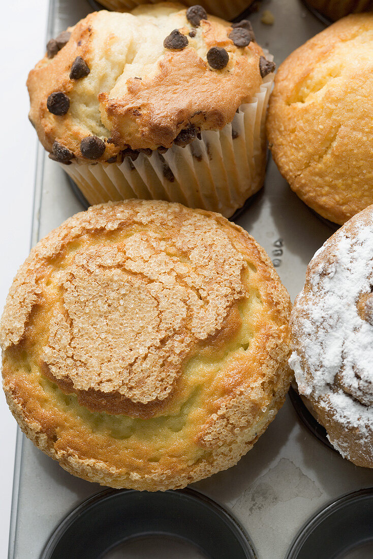 Verschiedene Muffins im Muffinblech (Draufsicht)