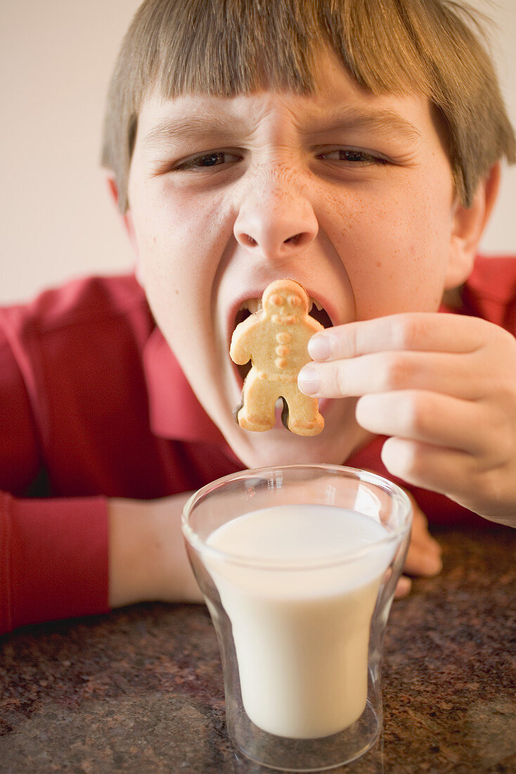 Junge hält widerwillig Plätzchen vor seinen Mund, Glas Milch