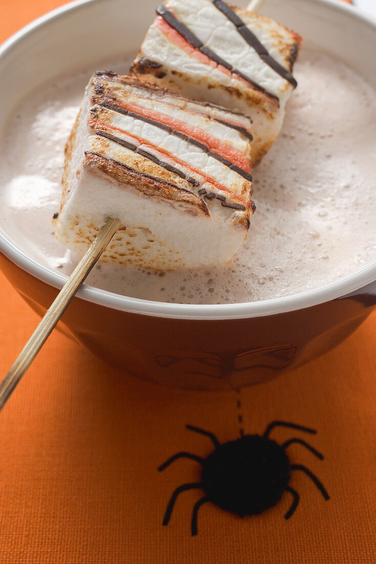 Kakao mit Marshmallows am Spiess zu Halloween